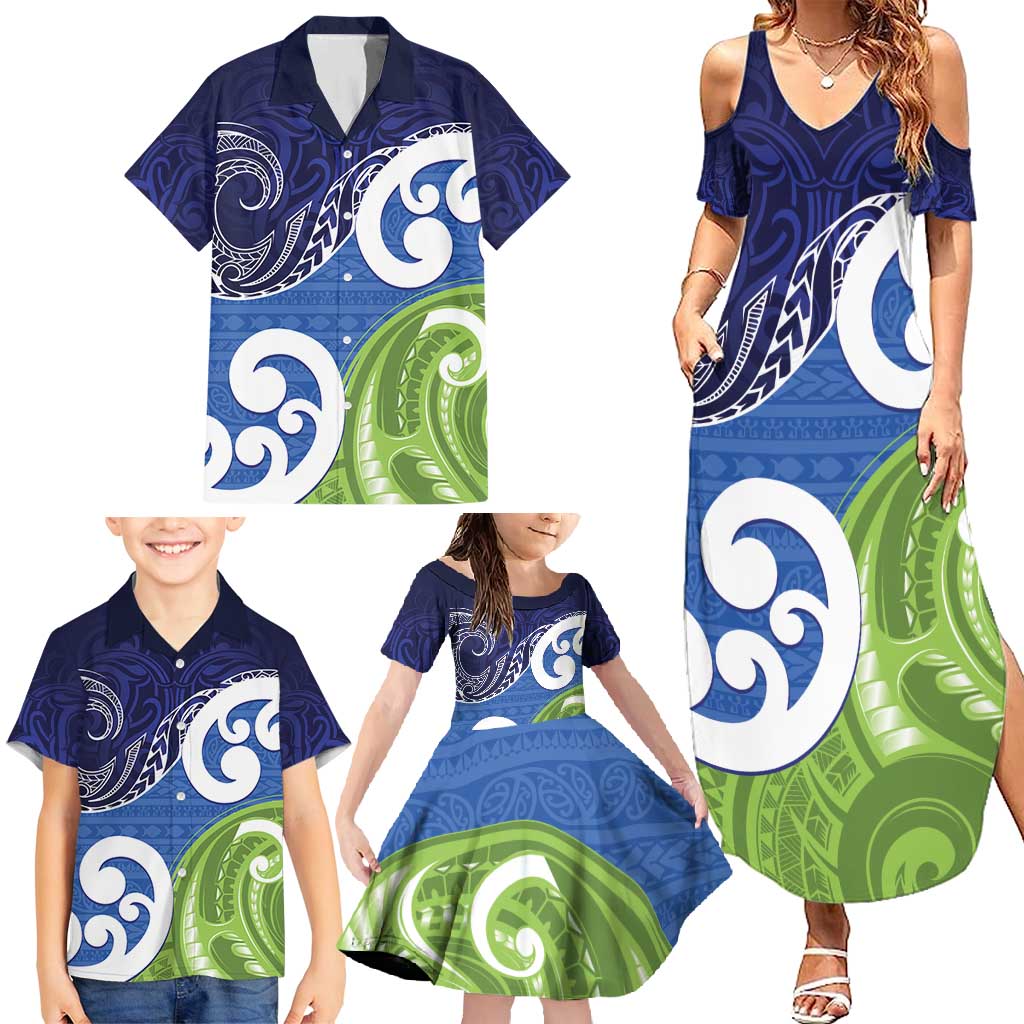 Southland New Zealand Family Matching Summer Maxi Dress and Hawaiian Shirt Maori Koru Flag Color