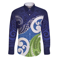 Southland New Zealand Family Matching Summer Maxi Dress and Hawaiian Shirt Maori Koru Flag Color LT14 Dad's Shirt - Long Sleeve Blue - Polynesian Pride