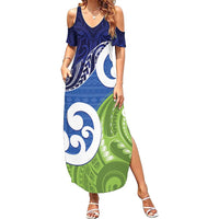 Southland New Zealand Family Matching Summer Maxi Dress and Hawaiian Shirt Maori Koru Flag Color LT14 Mom's Dress Blue - Polynesian Pride