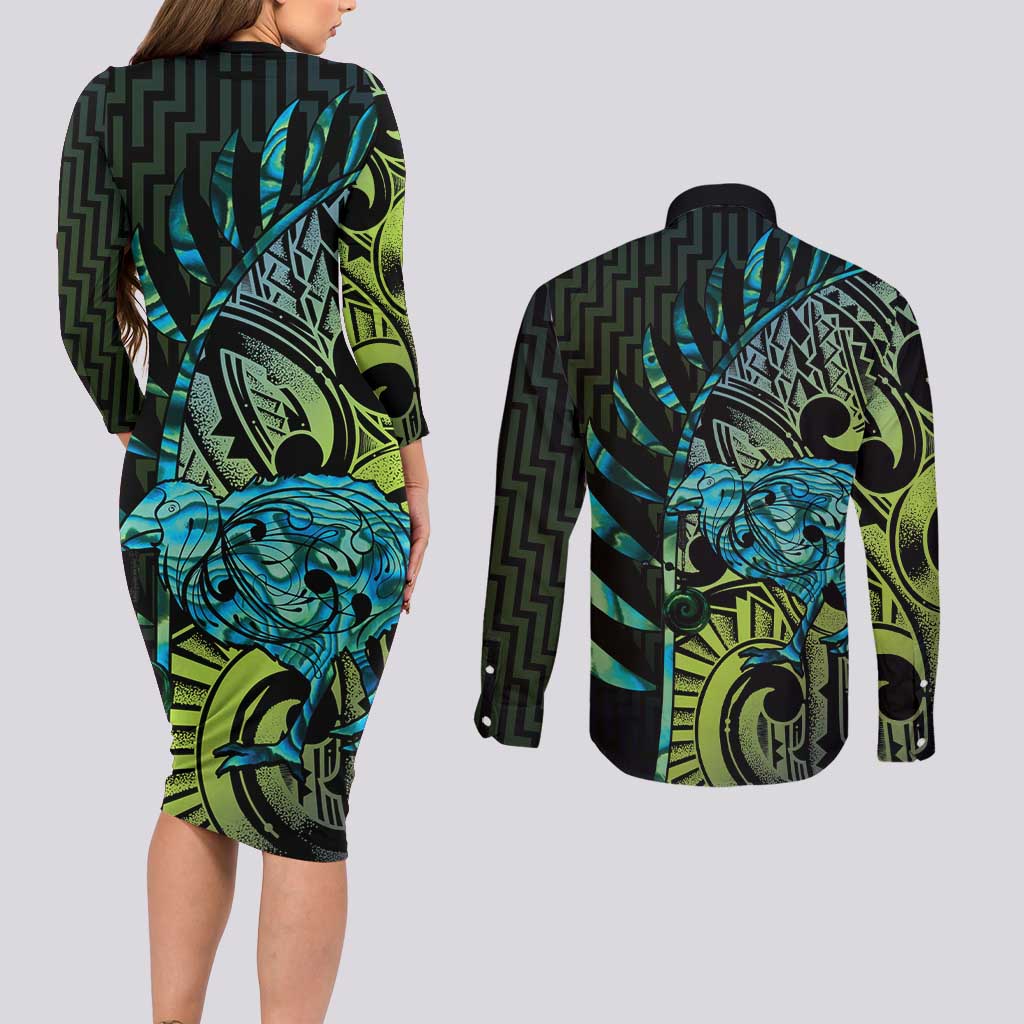 Southland Takehe Pounama Couples Matching Long Sleeve Bodycon Dress and Long Sleeve Button Shirt Aotearoa Poutama Paua Shell Fern LT14 - Polynesian Pride