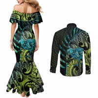 Southland Takehe Pounama Couples Matching Mermaid Dress and Long Sleeve Button Shirt Aotearoa Poutama Paua Shell Fern LT14 - Polynesian Pride
