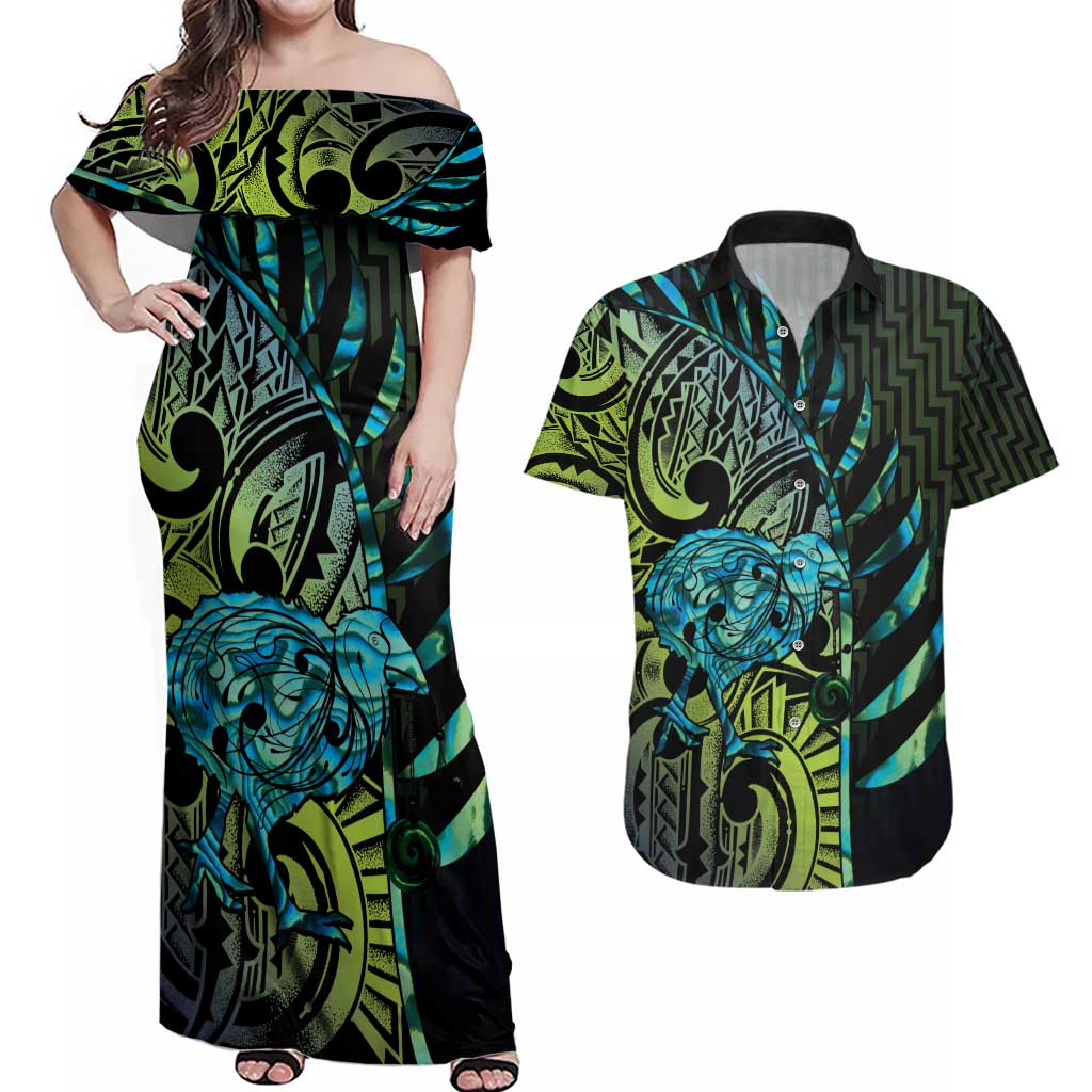 Southland Takehe Pounama Couples Matching Off Shoulder Maxi Dress and Hawaiian Shirt Aotearoa Poutama Paua Shell Fern LT14 Black - Polynesian Pride