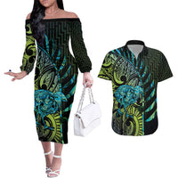 Southland Takehe Pounama Couples Matching Off The Shoulder Long Sleeve Dress and Hawaiian Shirt Aotearoa Poutama Paua Shell Fern LT14 Black - Polynesian Pride