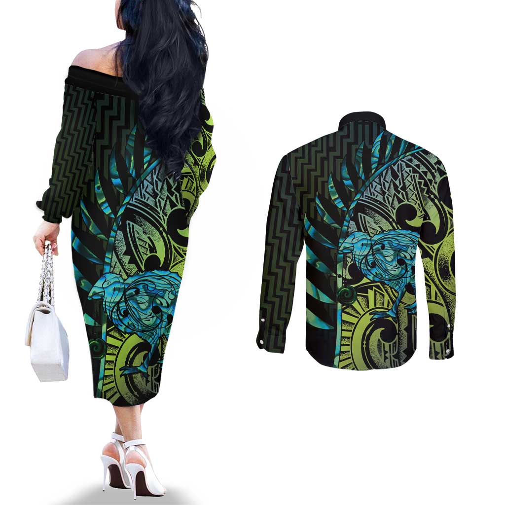 Southland Takehe Pounama Couples Matching Off The Shoulder Long Sleeve Dress and Long Sleeve Button Shirt Aotearoa Poutama Paua Shell Fern LT14 - Polynesian Pride