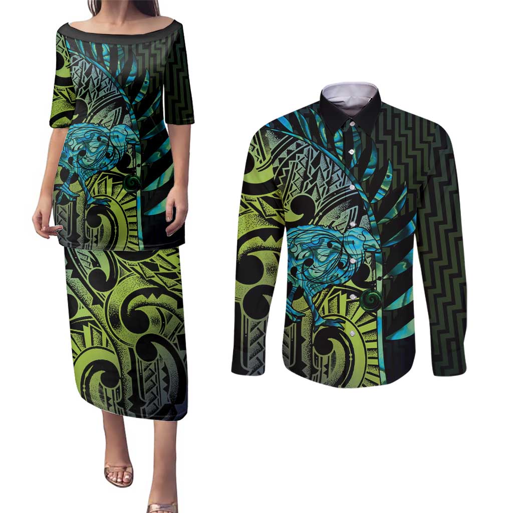 Southland Takehe Pounama Couples Matching Puletasi and Long Sleeve Button Shirt Aotearoa Poutama Paua Shell Fern LT14 Black - Polynesian Pride