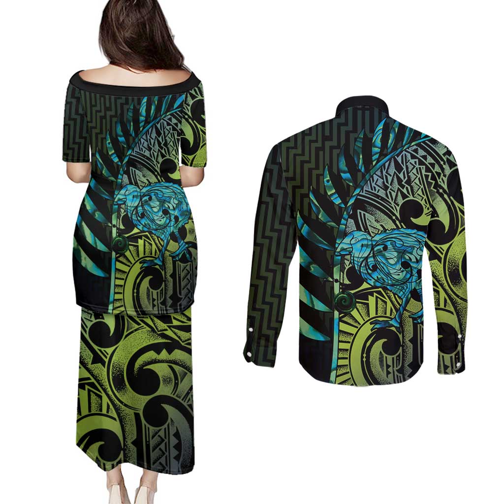 Southland Takehe Pounama Couples Matching Puletasi and Long Sleeve Button Shirt Aotearoa Poutama Paua Shell Fern LT14 - Polynesian Pride