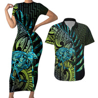 Southland Takehe Pounama Couples Matching Short Sleeve Bodycon Dress and Hawaiian Shirt Aotearoa Poutama Paua Shell Fern LT14 Black - Polynesian Pride
