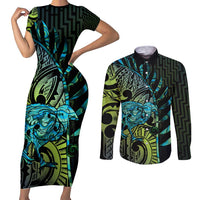 Southland Takehe Pounama Couples Matching Short Sleeve Bodycon Dress and Long Sleeve Button Shirt Aotearoa Poutama Paua Shell Fern LT14 Black - Polynesian Pride