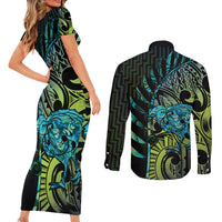 Southland Takehe Pounama Couples Matching Short Sleeve Bodycon Dress and Long Sleeve Button Shirt Aotearoa Poutama Paua Shell Fern LT14 - Polynesian Pride