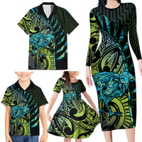 Southland Takehe Pounama Family Matching Long Sleeve Bodycon Dress and Hawaiian Shirt Aotearoa Poutama Paua Shell Fern LT14 - Polynesian Pride