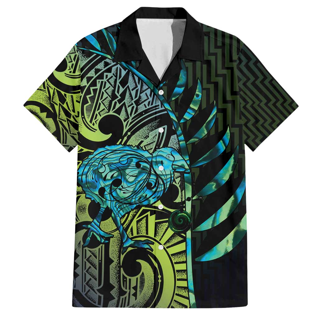 Southland Takehe Pounama Family Matching Long Sleeve Bodycon Dress and Hawaiian Shirt Aotearoa Poutama Paua Shell Fern LT14 Dad's Shirt - Short Sleeve Black - Polynesian Pride