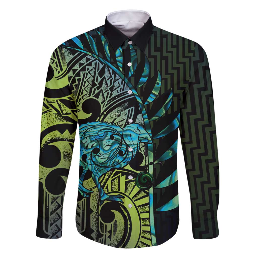 Southland Takehe Pounama Family Matching Mermaid Dress and Hawaiian Shirt Aotearoa Poutama Paua Shell Fern LT14 Dad's Shirt - Long Sleeve Black - Polynesian Pride