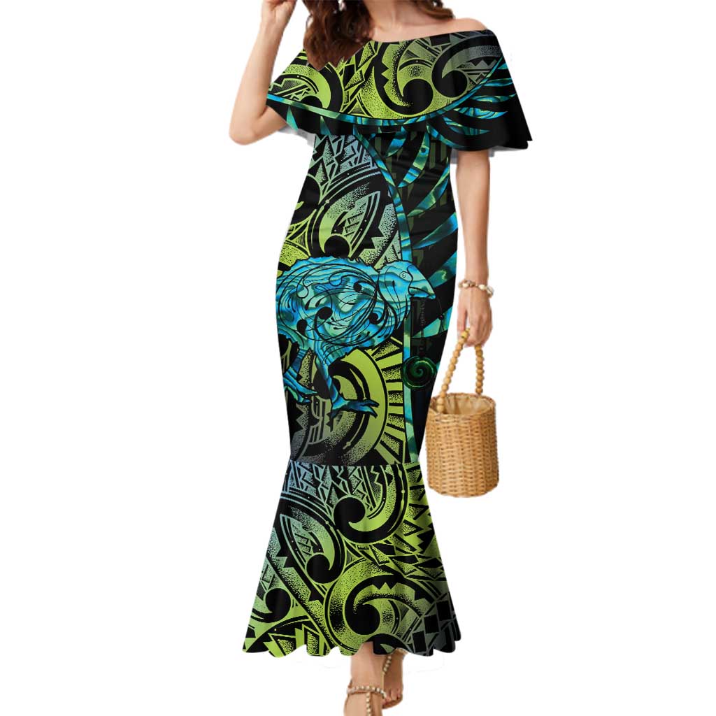 Southland Takehe Pounama Family Matching Mermaid Dress and Hawaiian Shirt Aotearoa Poutama Paua Shell Fern LT14 Mom's Dress Black - Polynesian Pride
