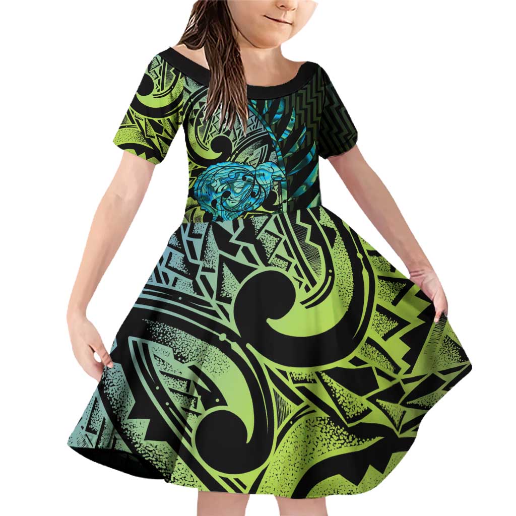 Southland Takehe Pounama Family Matching Off Shoulder Short Dress and Hawaiian Shirt Aotearoa Poutama Paua Shell Fern