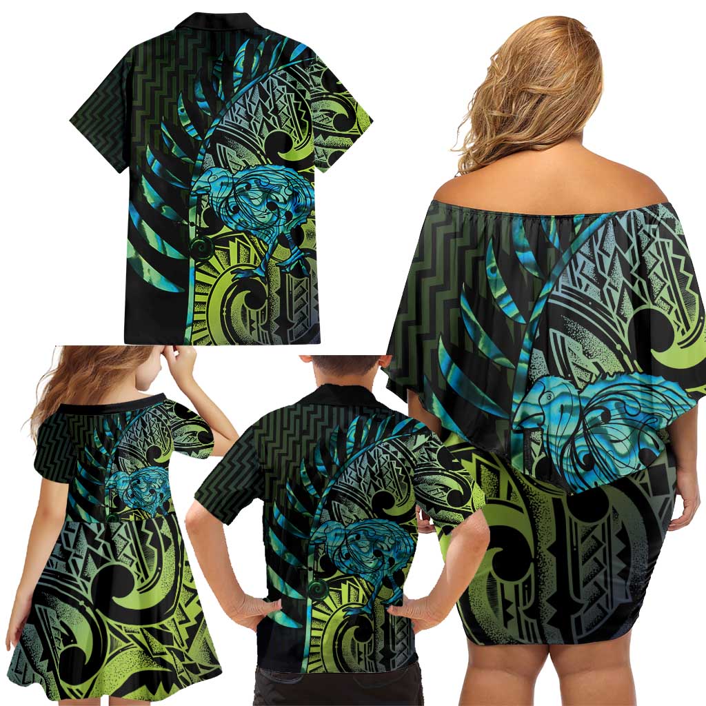Southland Takehe Pounama Family Matching Off Shoulder Short Dress and Hawaiian Shirt Aotearoa Poutama Paua Shell Fern