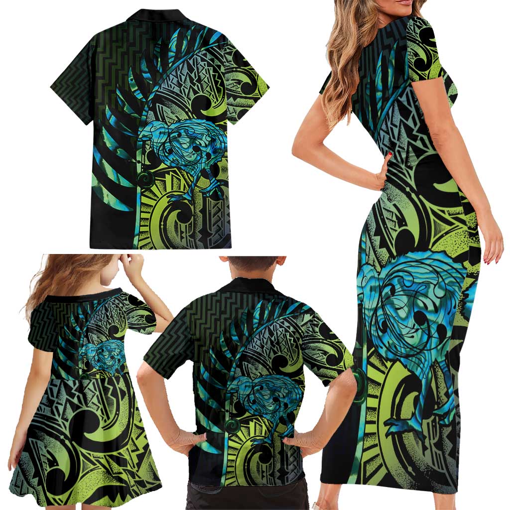 Southland Takehe Pounama Family Matching Short Sleeve Bodycon Dress and Hawaiian Shirt Aotearoa Poutama Paua Shell Fern LT14 - Polynesian Pride