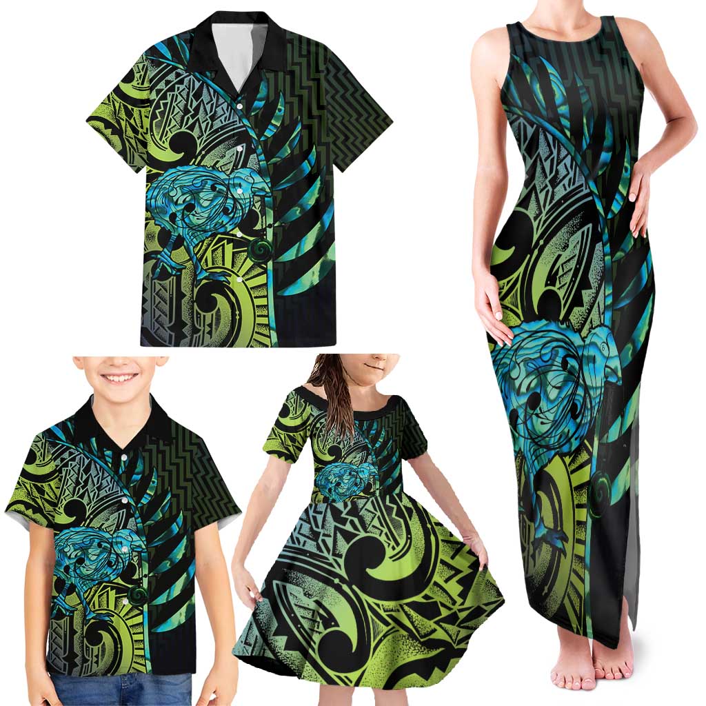 Southland Takehe Pounama Family Matching Tank Maxi Dress and Hawaiian Shirt Aotearoa Poutama Paua Shell Fern