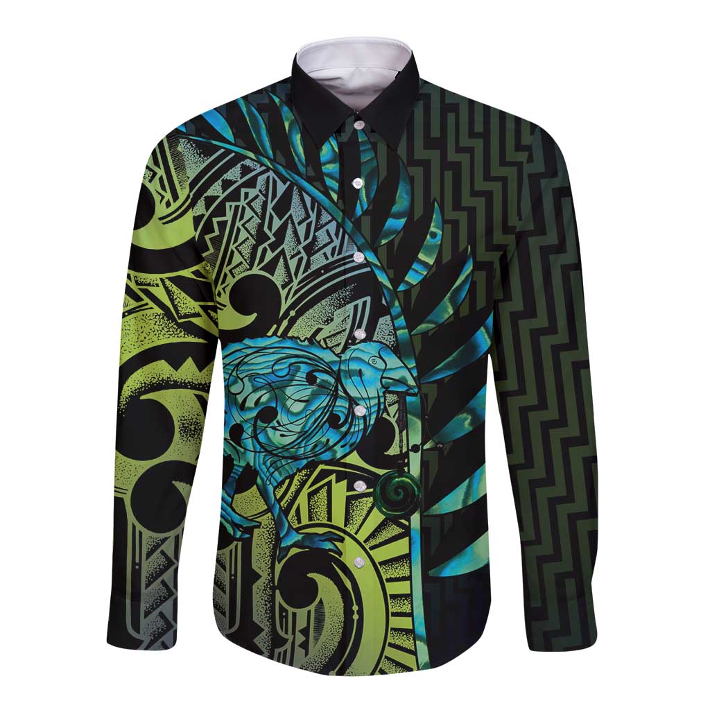 Southland Takehe Pounama Long Sleeve Button Shirt Aotearoa Poutama Paua Shell Fern