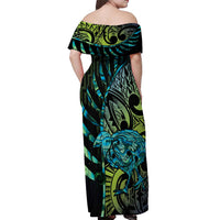 Southland Takehe Pounama Off Shoulder Maxi Dress Aotearoa Poutama Paua Shell Fern