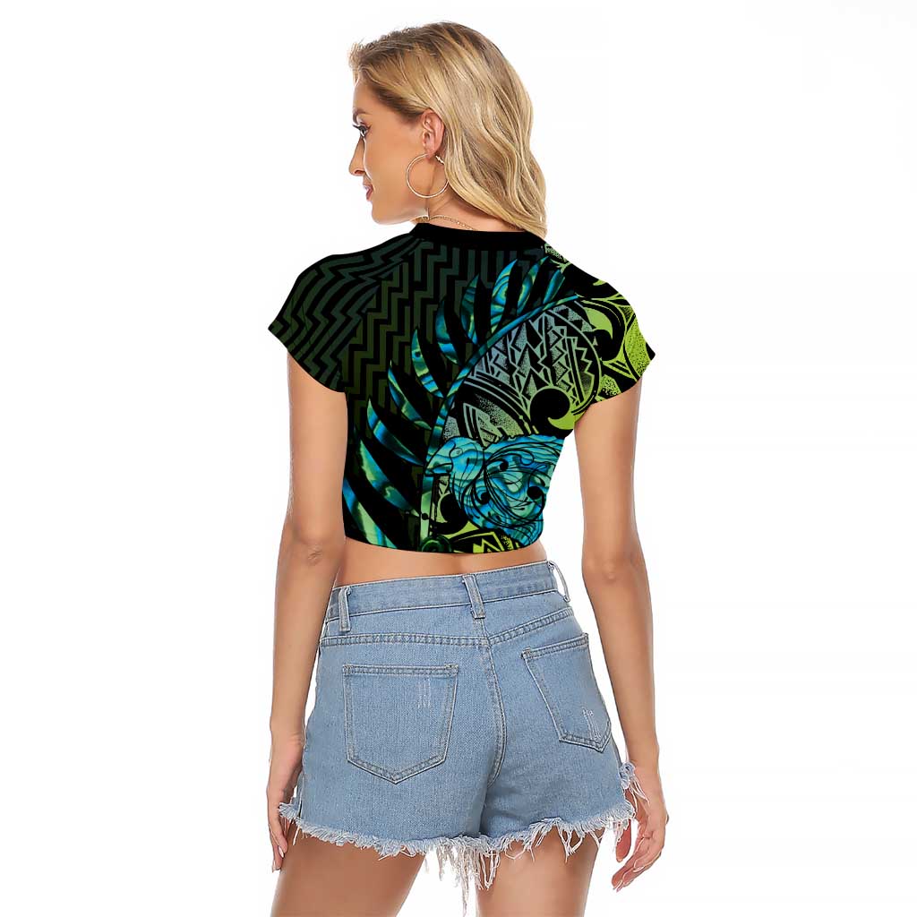 Southland Takehe Pounama Raglan Cropped T Shirt Aotearoa Poutama Paua Shell Fern LT14 - Polynesian Pride