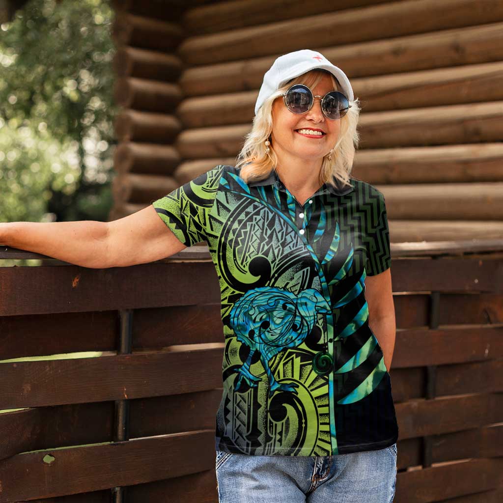 Southland Takehe Pounama Women Polo Shirt Aotearoa Poutama Paua Shell Fern