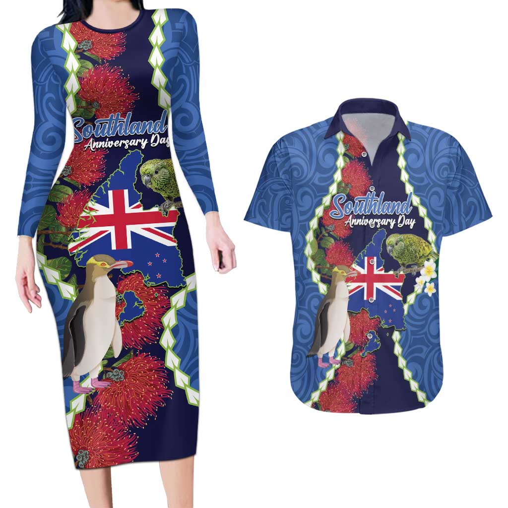 Southland Anniversary Day Couples Matching Long Sleeve Bodycon Dress and Hawaiian Shirt Murihiku 1861 Maori Bird Mix Pohutukawa LT14 Blue - Polynesian Pride