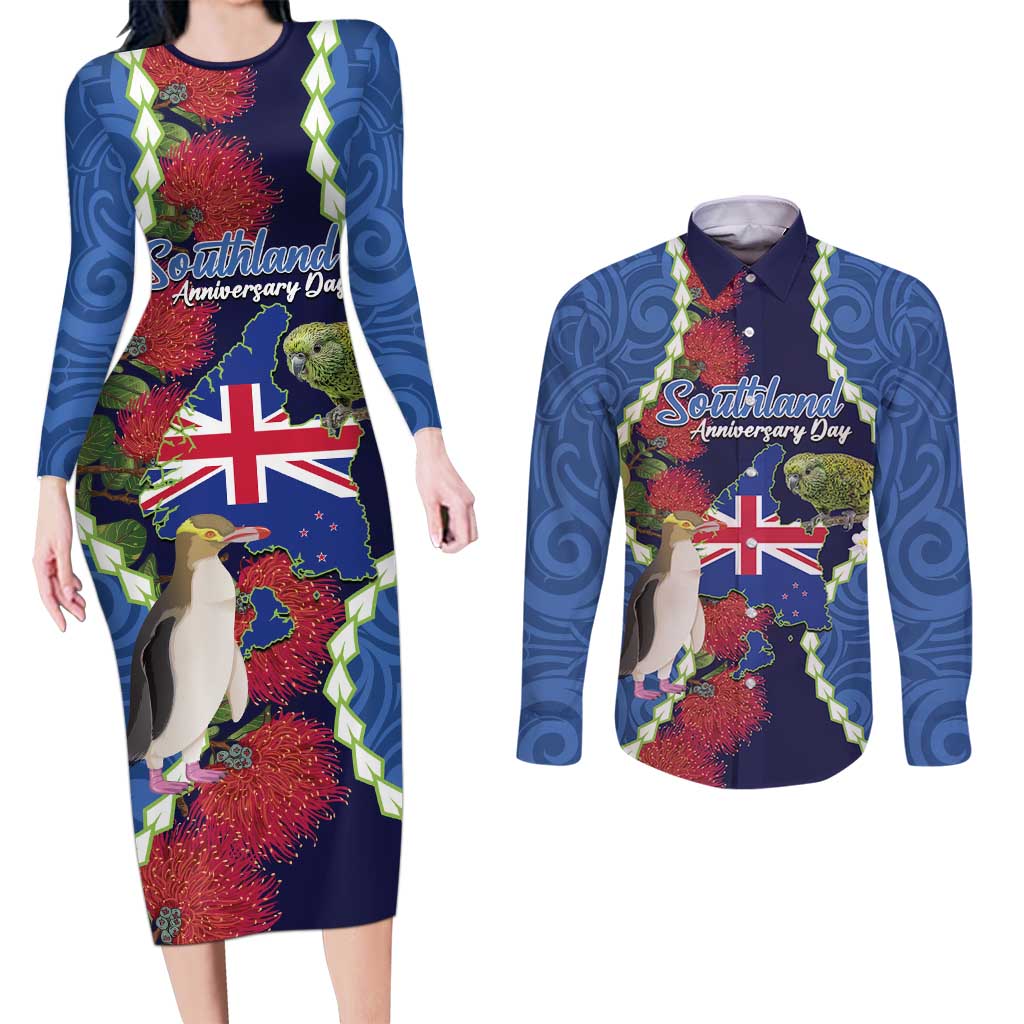 Southland Anniversary Day Couples Matching Long Sleeve Bodycon Dress and Long Sleeve Button Shirt Murihiku 1861 Maori Bird Mix Pohutukawa LT14 Blue - Polynesian Pride