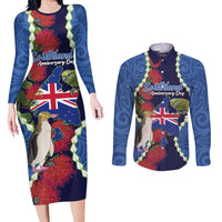 Southland Anniversary Day Couples Matching Long Sleeve Bodycon Dress and Long Sleeve Button Shirt Murihiku 1861 Maori Bird Mix Pohutukawa LT14 Blue - Polynesian Pride