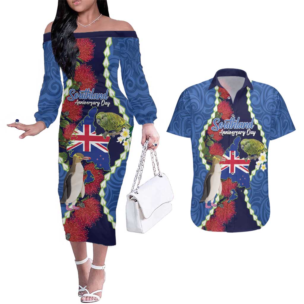 Southland Anniversary Day Couples Matching Off The Shoulder Long Sleeve Dress and Hawaiian Shirt Murihiku 1861 Maori Bird Mix Pohutukawa LT14 Blue - Polynesian Pride