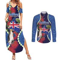 Southland Anniversary Day Couples Matching Summer Maxi Dress and Long Sleeve Button Shirt Murihiku 1861 Maori Bird Mix Pohutukawa LT14 Blue - Polynesian Pride