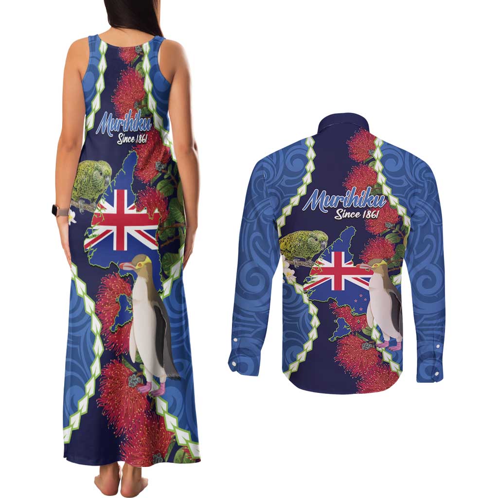 Southland Anniversary Day Couples Matching Tank Maxi Dress and Long Sleeve Button Shirt Murihiku 1861 Maori Bird Mix Pohutukawa LT14 - Polynesian Pride