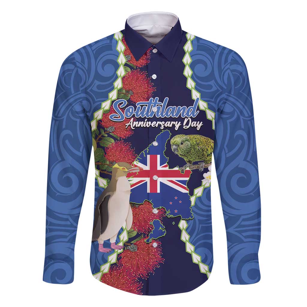 Southland Anniversary Day Family Matching Mermaid Dress and Hawaiian Shirt Murihiku 1861 Maori Bird Mix Pohutukawa LT14 Dad's Shirt - Long Sleeve Blue - Polynesian Pride