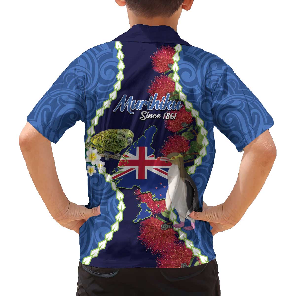 Southland Anniversary Day Family Matching Off The Shoulder Long Sleeve Dress and Hawaiian Shirt Murihiku 1861 Maori Bird Mix Pohutukawa LT14 - Polynesian Pride