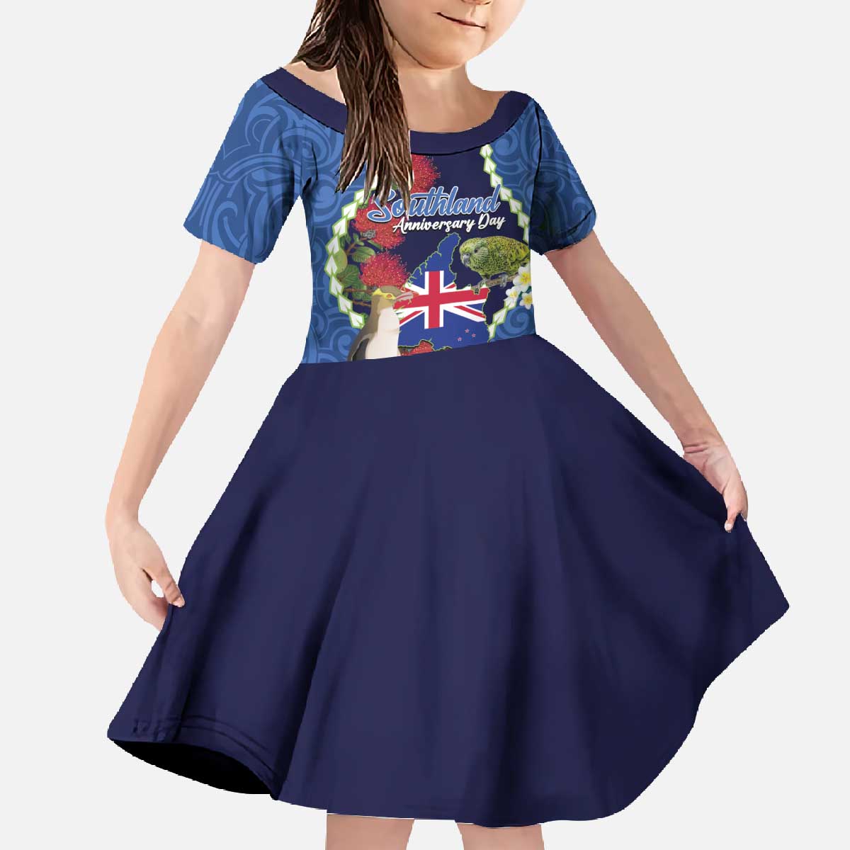 Southland Anniversary Day Family Matching Off The Shoulder Long Sleeve Dress and Hawaiian Shirt Murihiku 1861 Maori Bird Mix Pohutukawa LT14 Daughter's Dress Blue - Polynesian Pride