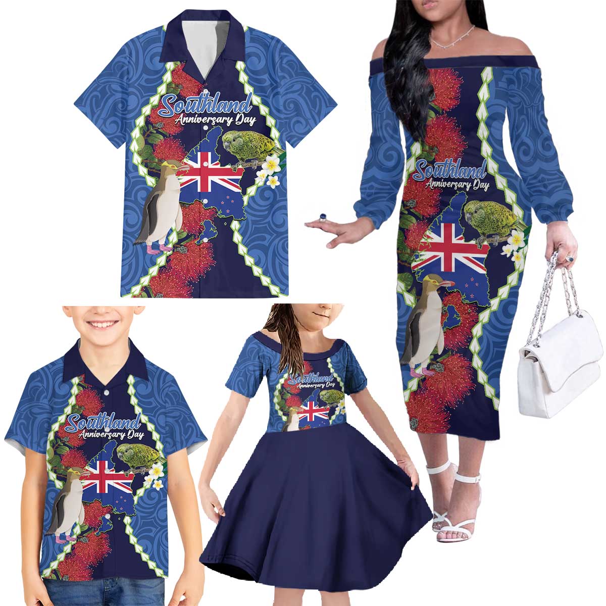 Southland Anniversary Day Family Matching Off The Shoulder Long Sleeve Dress and Hawaiian Shirt Murihiku 1861 Maori Bird Mix Pohutukawa LT14 - Polynesian Pride