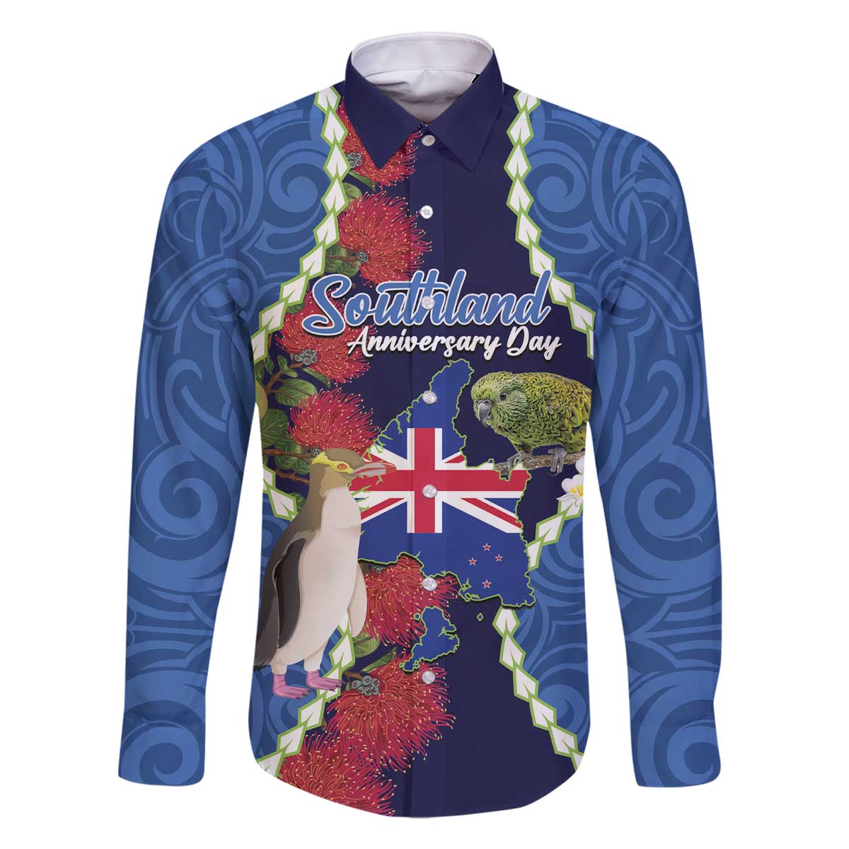 Southland Anniversary Day Family Matching Off The Shoulder Long Sleeve Dress and Hawaiian Shirt Murihiku 1861 Maori Bird Mix Pohutukawa LT14 Dad's Shirt - Long Sleeve Blue - Polynesian Pride
