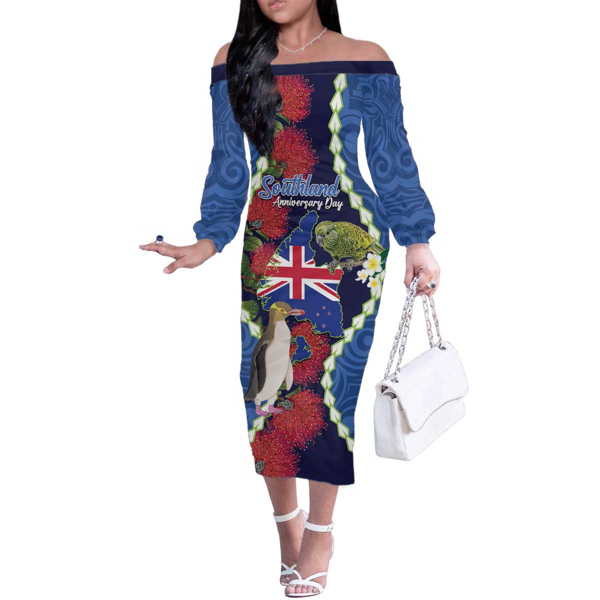 Southland Anniversary Day Family Matching Off The Shoulder Long Sleeve Dress and Hawaiian Shirt Murihiku 1861 Maori Bird Mix Pohutukawa LT14 Mom's Dress Blue - Polynesian Pride