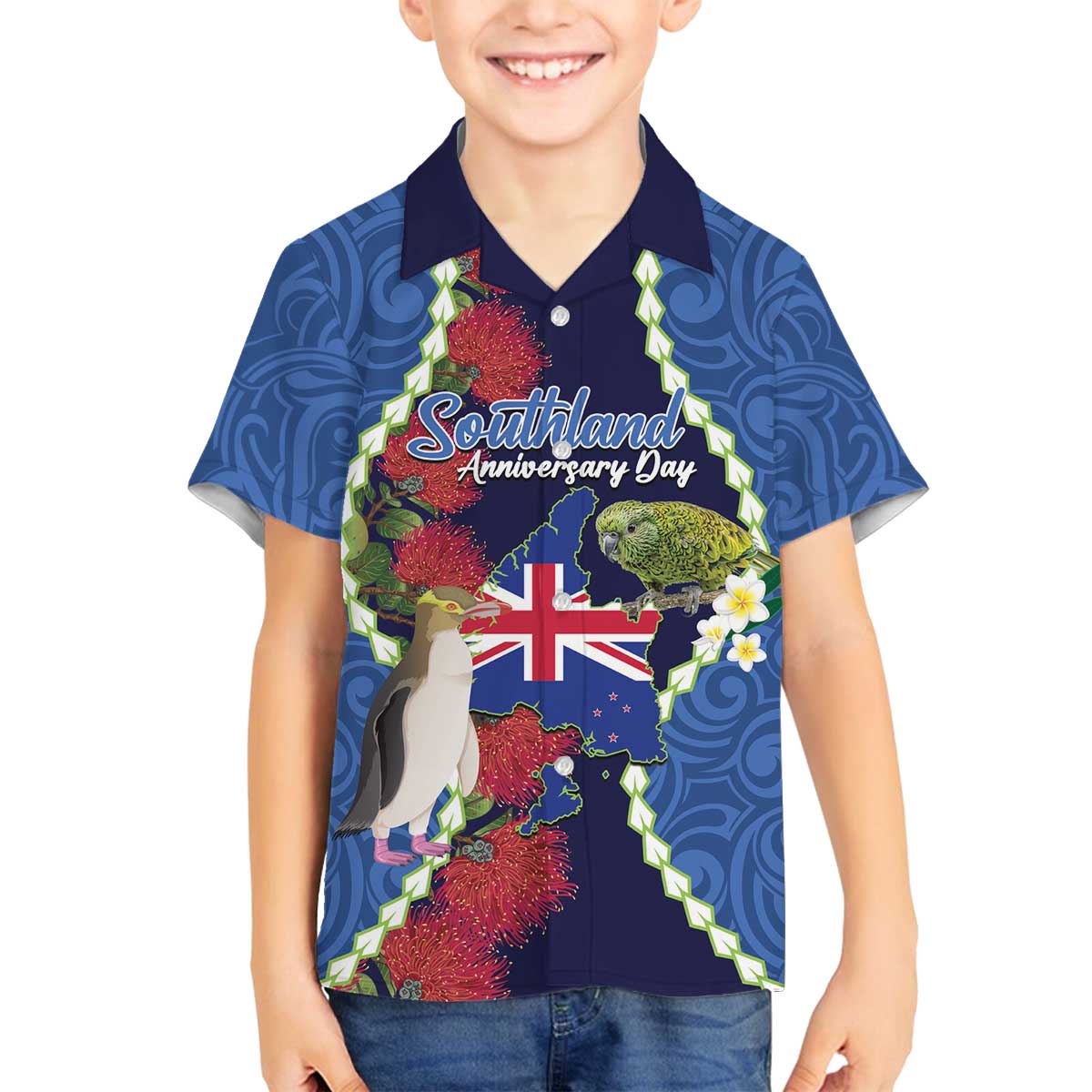 Southland Anniversary Day Family Matching Off The Shoulder Long Sleeve Dress and Hawaiian Shirt Murihiku 1861 Maori Bird Mix Pohutukawa LT14 Son's Shirt Blue - Polynesian Pride
