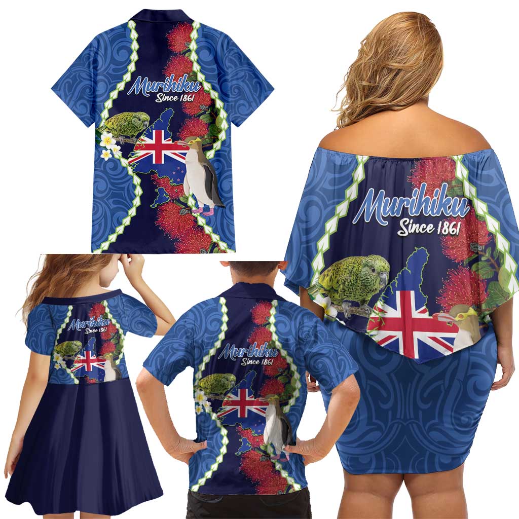 Southland Anniversary Day Family Matching Off Shoulder Short Dress and Hawaiian Shirt Murihiku 1861 Maori Bird Mix Pohutukawa