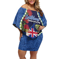 Southland Anniversary Day Family Matching Off Shoulder Short Dress and Hawaiian Shirt Murihiku 1861 Maori Bird Mix Pohutukawa
