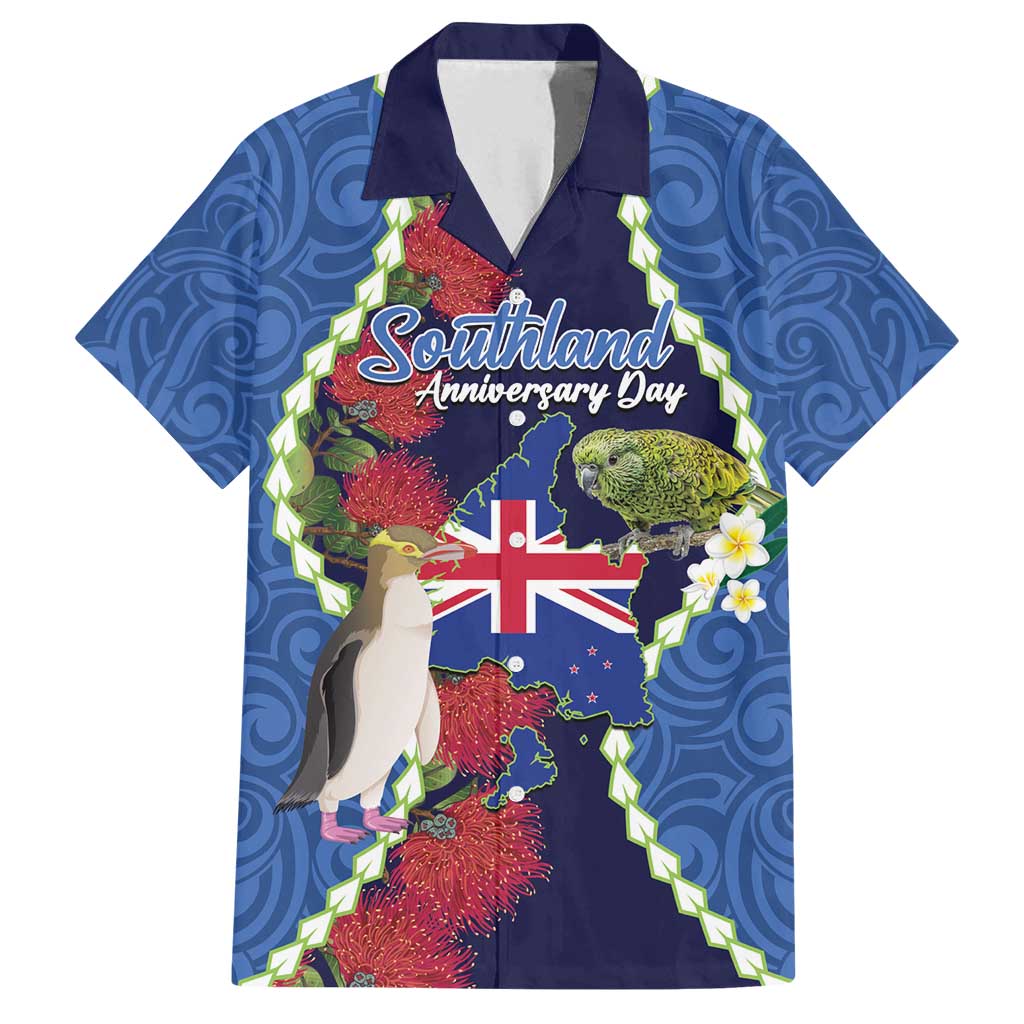 Southland Anniversary Day Family Matching Puletasi and Hawaiian Shirt Murihiku 1861 Maori Bird Mix Pohutukawa LT14 Dad's Shirt - Short Sleeve Blue - Polynesian Pride