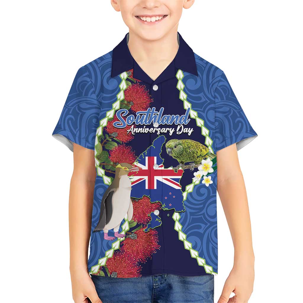 Southland Anniversary Day Kid Hawaiian Shirt Murihiku 1861 Maori Bird Mix Pohutukawa