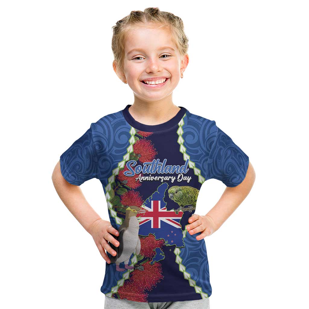 Southland Anniversary Day Kid T Shirt Murihiku 1861 Maori Bird Mix Pohutukawa