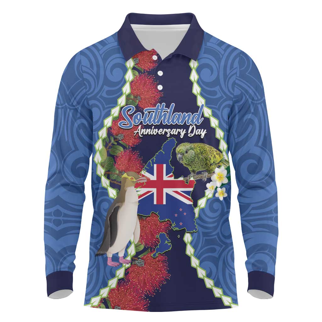 Southland Anniversary Day Long Sleeve Polo Shirt Murihiku 1861 Maori Bird Mix Pohutukawa