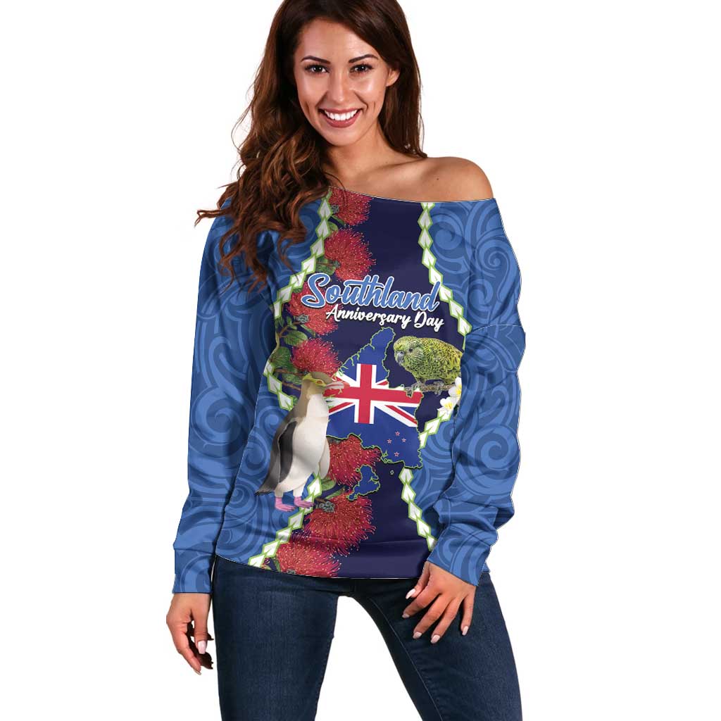 Southland Anniversary Day Off Shoulder Sweater Murihiku 1861 Maori Bird Mix Pohutukawa