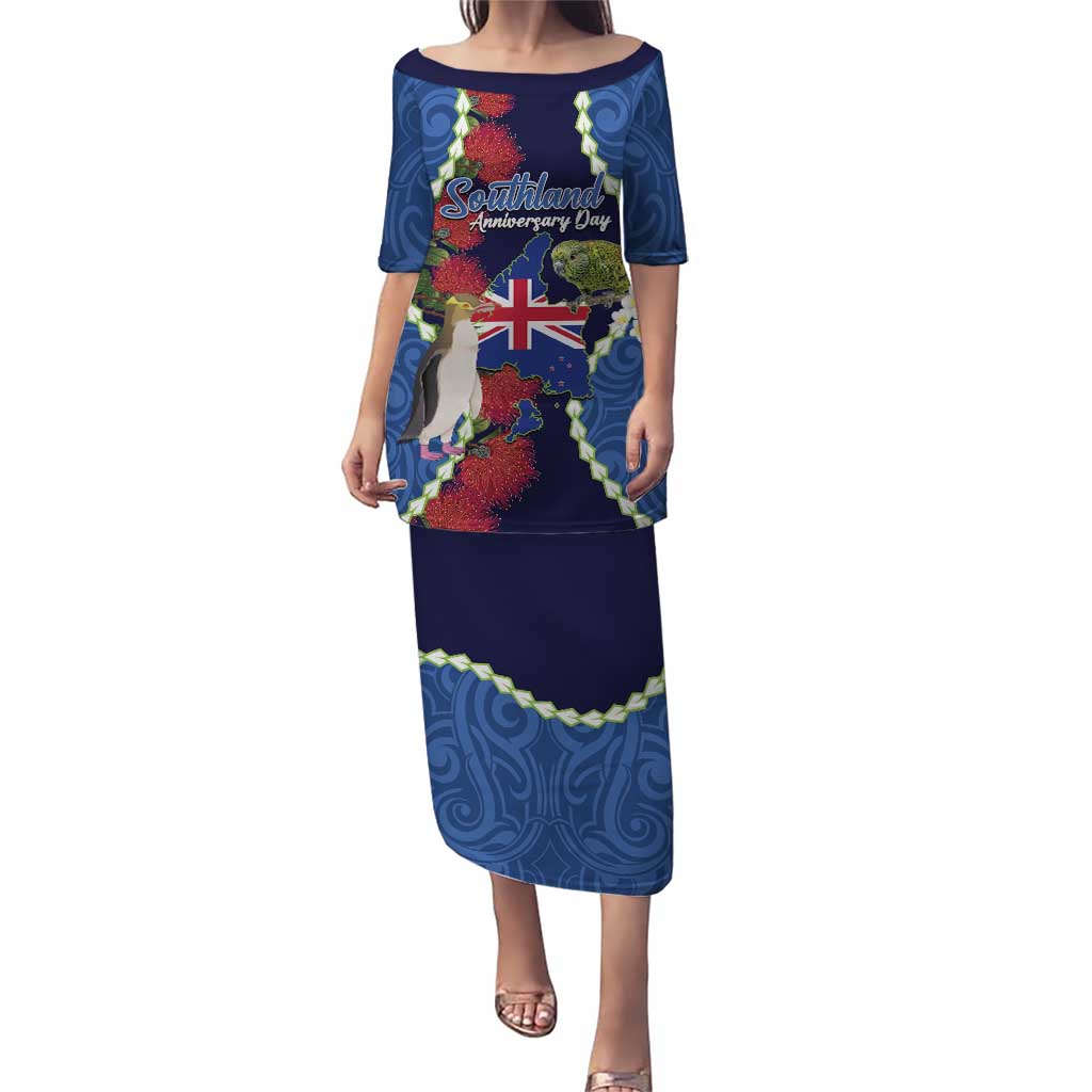 Southland Anniversary Day Puletasi Murihiku 1861 Maori Bird Mix Pohutukawa LT14 Long Dress Blue - Polynesian Pride