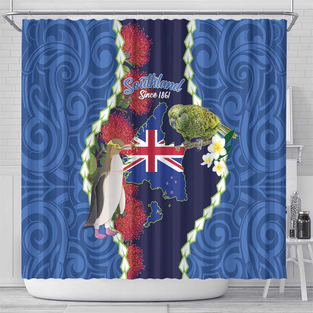 Southland Anniversary Day Shower Curtain Murihiku 1861 Maori Bird Mix Pohutukawa