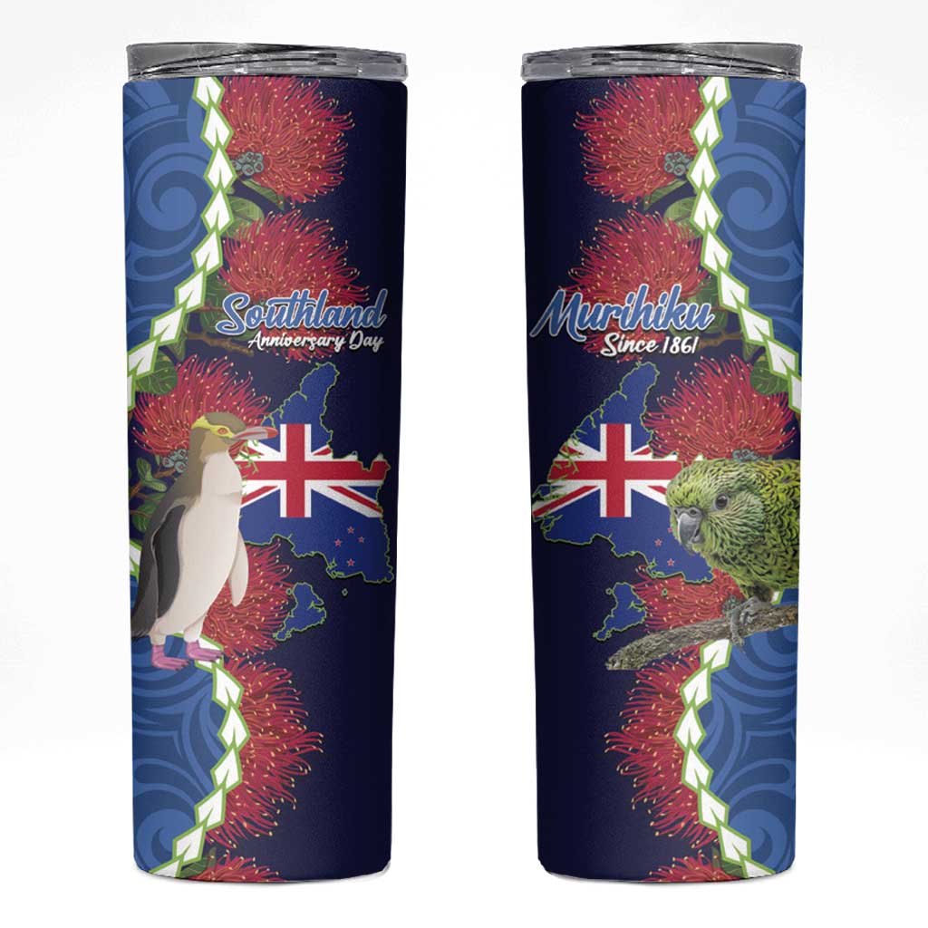 Southland Anniversary Day Skinny Tumbler Murihiku 1861 Maori Bird Mix Pohutukawa LT14 Blue - Polynesian Pride