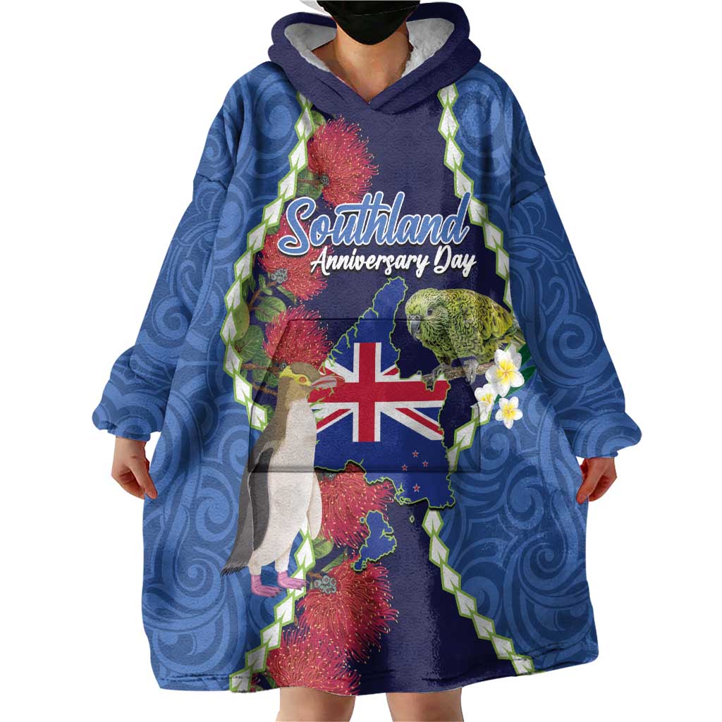 Southland Anniversary Day Wearable Blanket Hoodie Murihiku 1861 Maori Bird Mix Pohutukawa