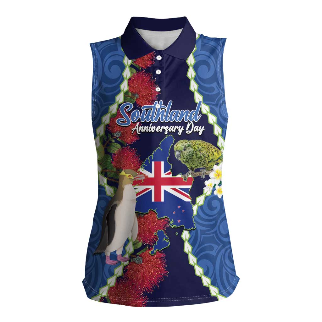 Southland Anniversary Day Women Sleeveless Polo Shirt Murihiku 1861 Maori Bird Mix Pohutukawa